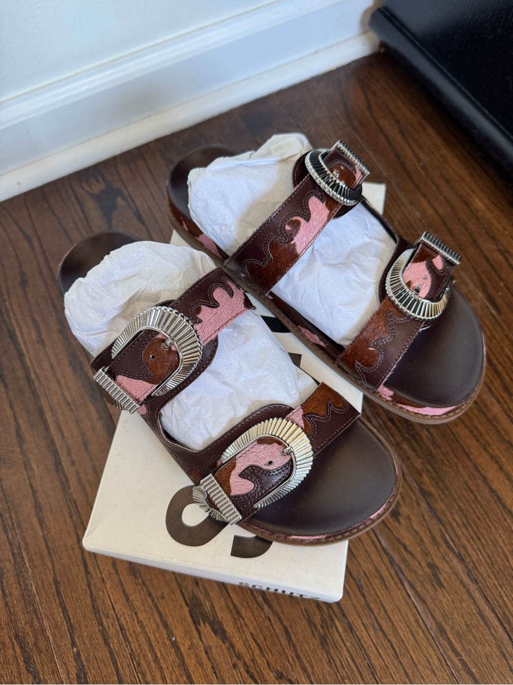 Schutz Brown + Pink Cow Hair Western style Slide Sandal - Picture 2 of 5